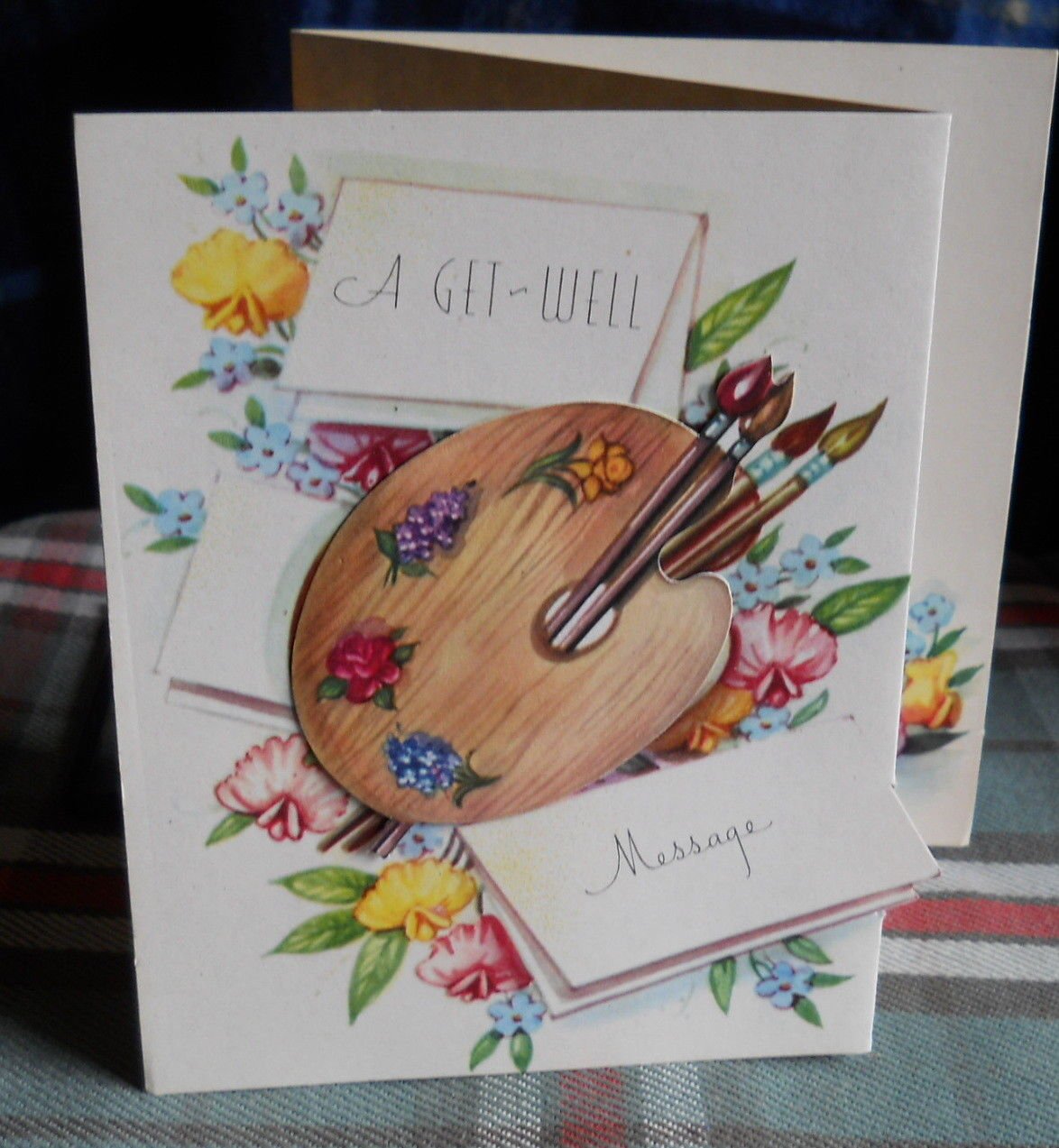 Vintage GET WELL*tri-fold *3D* Pop Up*ARTIST PALLET* Greeting Card unused