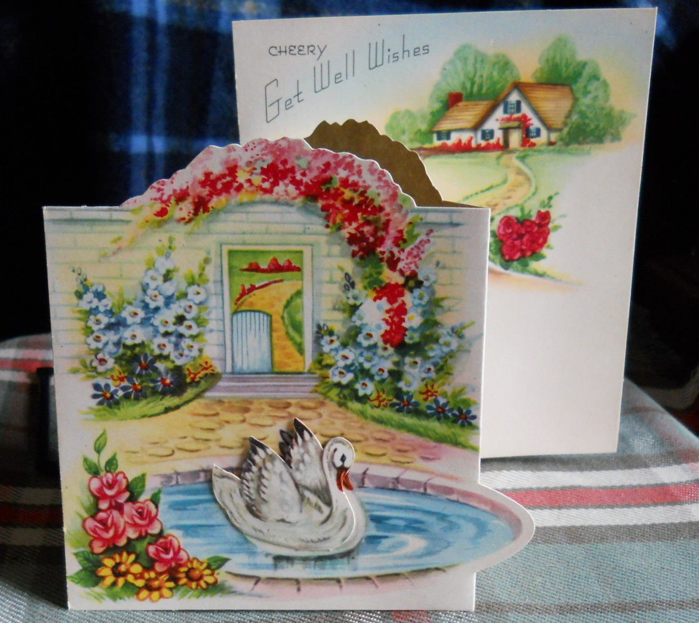 Vintage GET WELL*tri-fold *3D* Pop Up*SWAN ON POND* Greeting Card unused