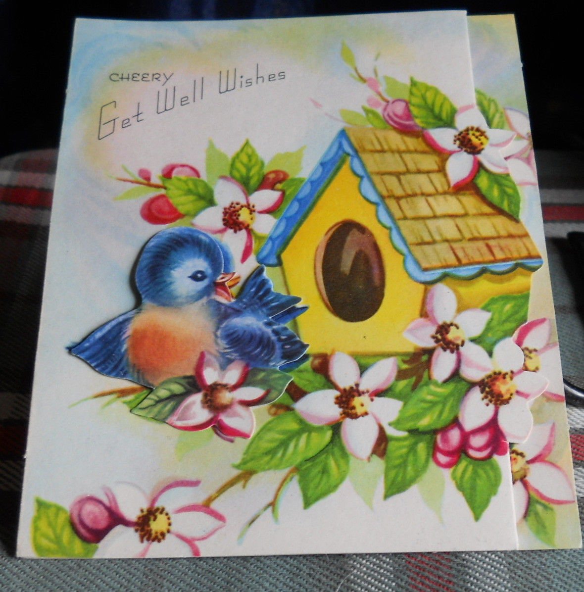 Vintage GET WELL*tri-fold *3D* Pop Up*BIRD HOUSE* Greeting Cardunused