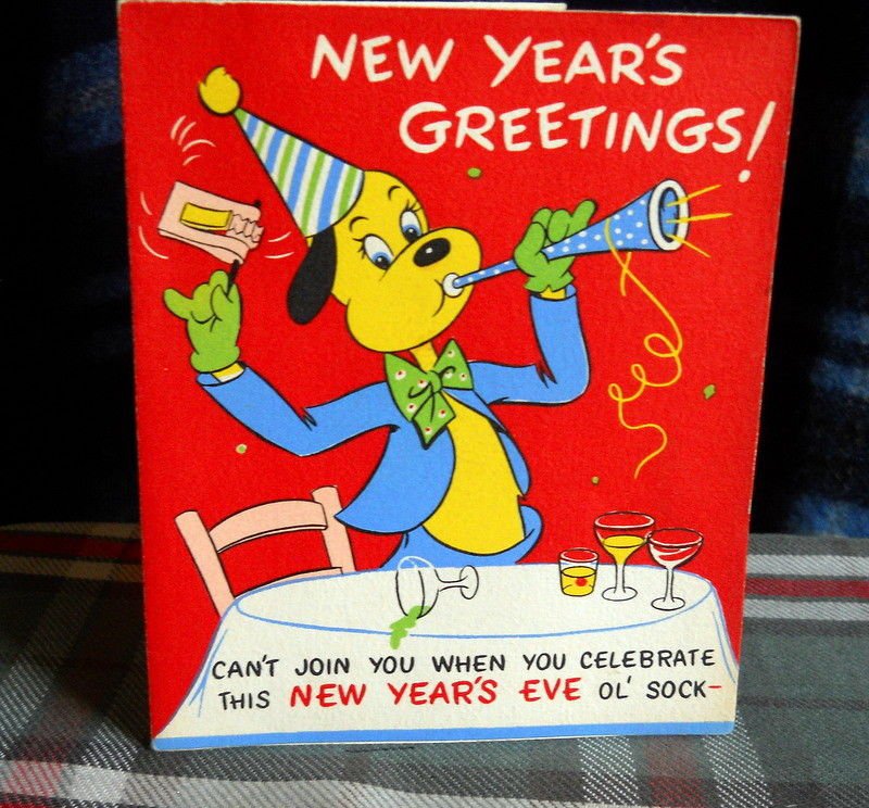 Vintage NEW YEAR Card * *can't join you**  Barker  *1950s