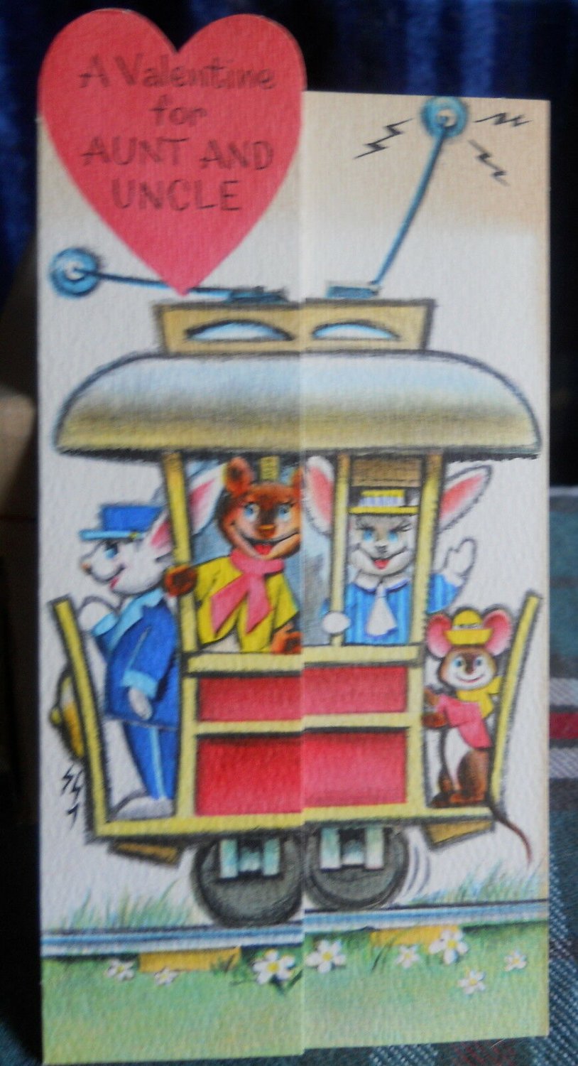 AUNT & UNCLE Vintage*fold out*old TROLLEY attached to LINE-UNUSED 50'S VALENTINE