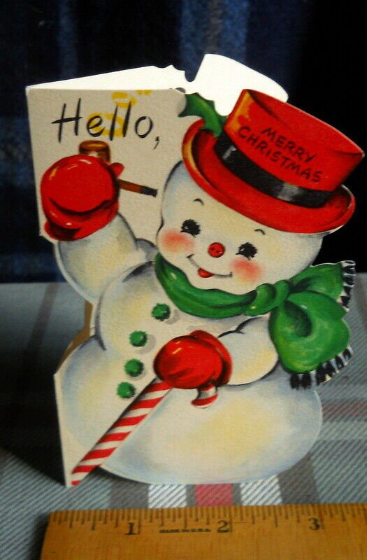 Merry Christmas HELLO * Hallmark card *die cut* JOLLY SNOWMAN circa 1950