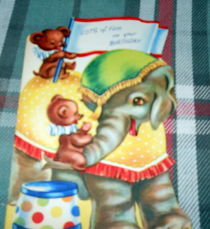 BIRTHDAY GREETINGS" Happy Elephant does tricks * SUNSHINE CARD circa 1950
