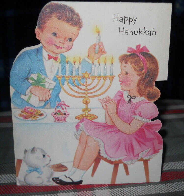 Happy Hanukkah BOY AND GIRL circa 1970 LIGHTING CANDLES