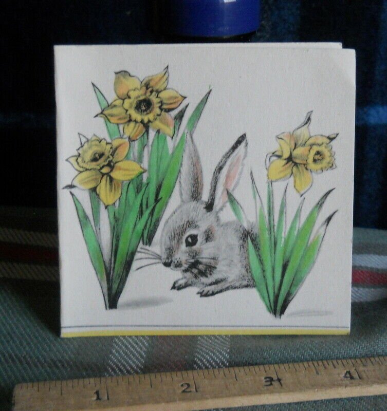 VINTAGE Happy Easter CARD -rabbit  sitting among daffodils