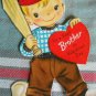 Vintage Valentine UNUSED BROTHER with baseball bat die-cut flocked red hat c1950