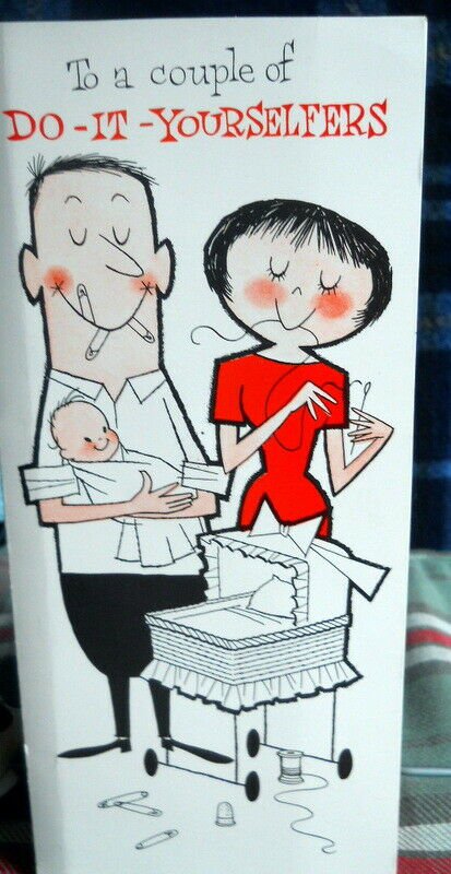vintage STUDIO CARD *Do-it-yourselfers* circa 1960 UNUSED *couple diaper pinning