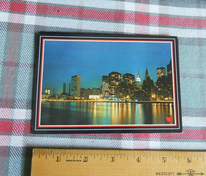 NYC view 1970'S U.N.'s Headquarters /Midtown across  East River at night.