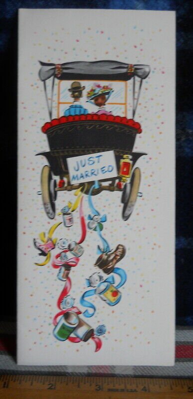 Vintage JUST MARRIED  studio card embossed Old Fashioned Car  SUNSHINE CARD