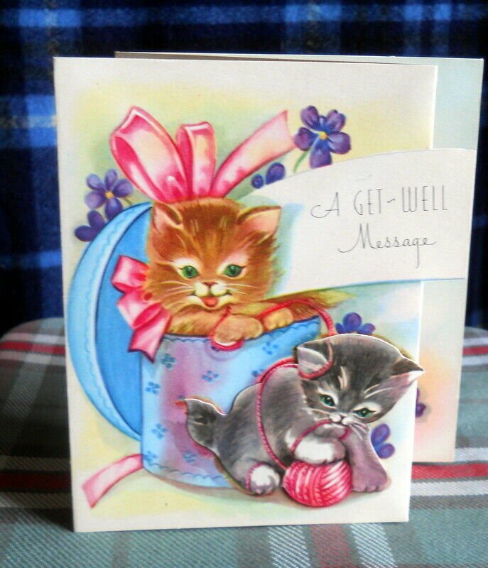 Vintage GET WELL*tri-fold * 3D*kitten* cute Greeting Card unused