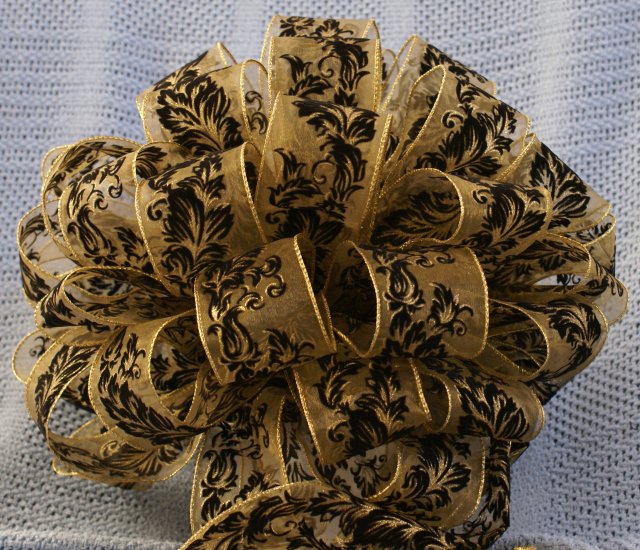GOLD SHEER & BLACK LEAF CHRISTMAS TREE TOPPER BOW