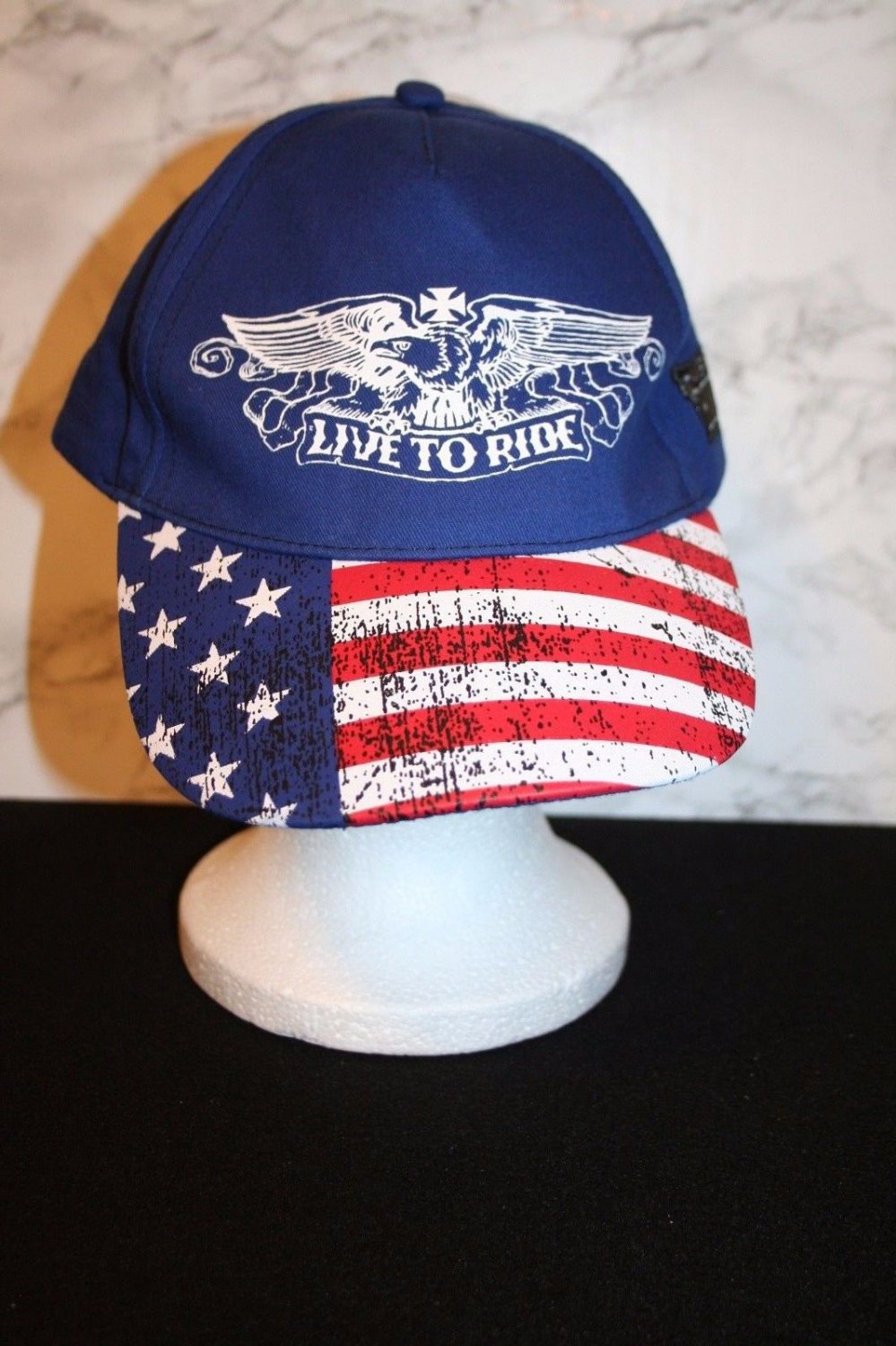 American Biker LIVE TO RIDE Eagle Red White Blue Flag Stars Stapback Cap Hat NEW