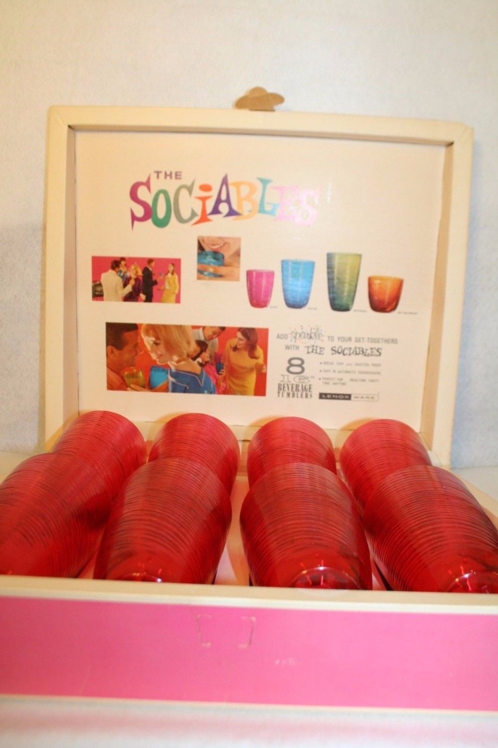 VTG Lenox Ware The Sociables Collectible MCM Venetian Red 16 oz 8 Glass Tumblers