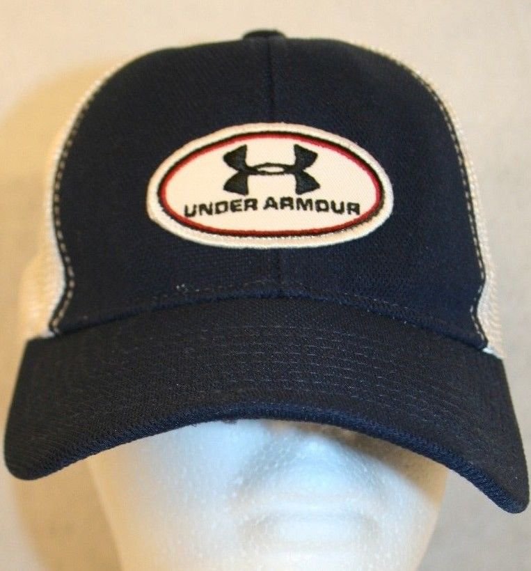 Under Armour White Navy Blue Mesh Cap Hat Dad Trucker Adjust Strap patch logo