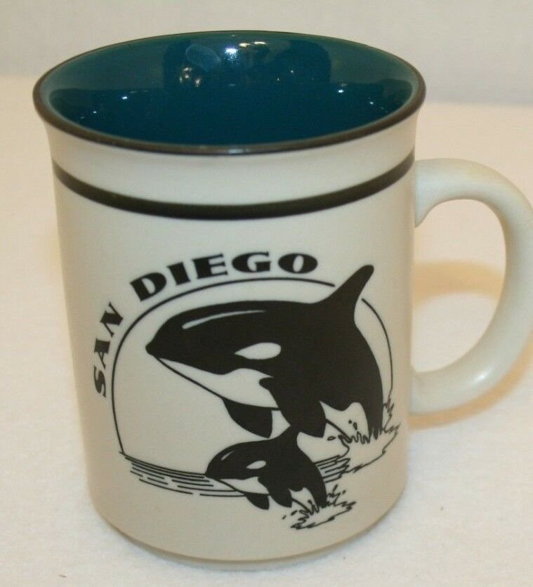 San Diego ORCA Killer Whale info souveneir Coffee Tea Cup Shaving Mug Teal White