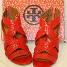 Tory Burch LIV-Patemt Calf Ladies RED Open Toe Sandals Shoes size 7.5 Zip-Back