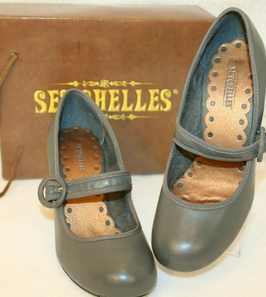 Seychelles Don't Waste My Time Grey Leather Chunk Heel Shoes size 7.5 Strap Pump