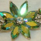 VTG Weiss Flower Daisy Brooch Iridescent Aqua Blue Green White Rhinestones
