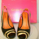 Cindy Says Pumpkin Black Gold Stripe Peep-Toe Platform Chunk Heel Shoes sz 8M