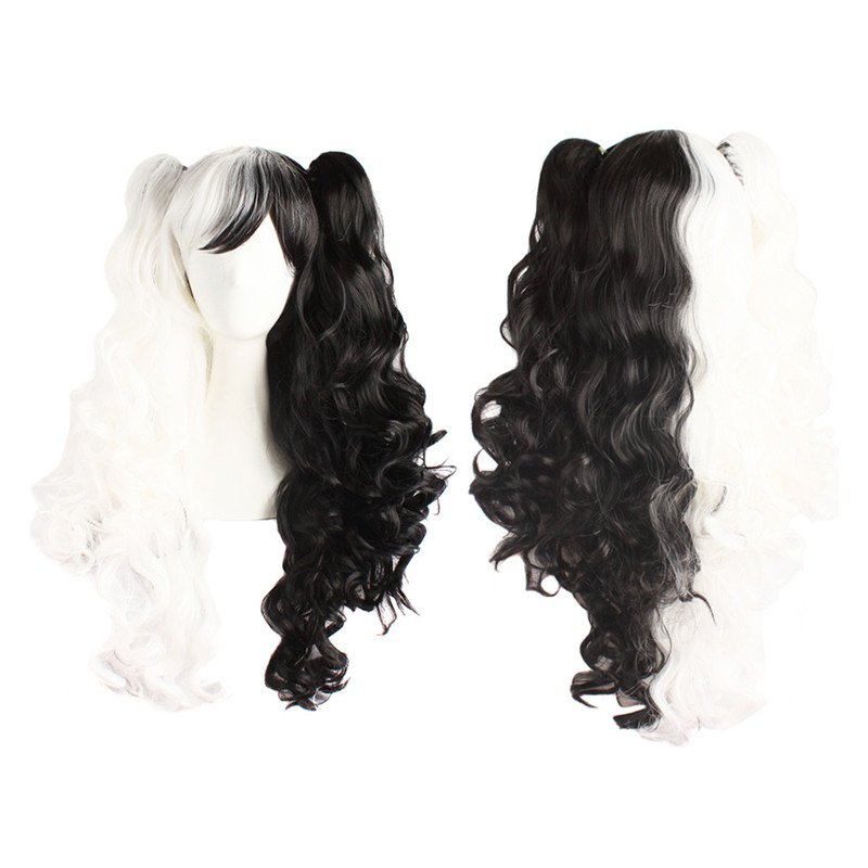Long Wavy Cosplay Half White Half Black 65 Cm Synthetic Hair Wigs
