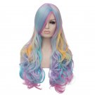 Long Curly Inclined Bang Cosplay Synthetic Wig Multi Color Rainbow Fake Hair Highlights Fluffy