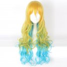 80CM Long curly Synthetic hair 100% High Temperature Fiber Yellow and blue color mixing wig