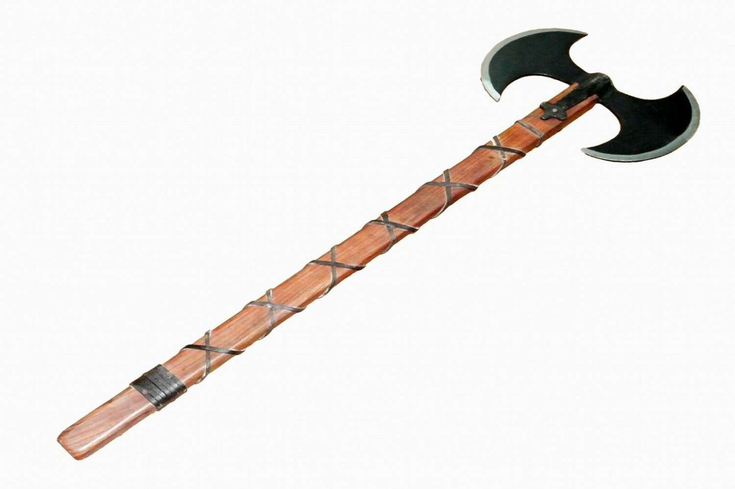CARBON STEEL BARBARIAN DOUBLE BLADE MEDIEVAL AXE WITH HARDWOOD HANDLE