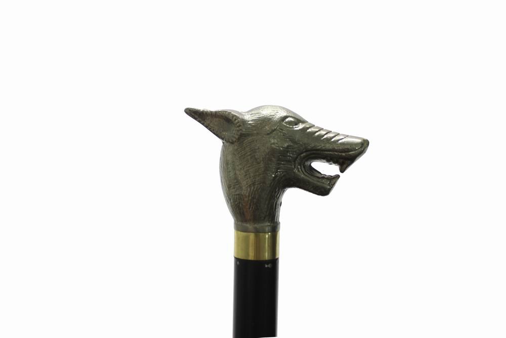 WOLF HANDLE SOLID HEAD WALKING CANE with stainless steel blade