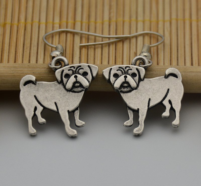Puppy Dog Silver Pug Dog Drop Earrings Women Jewelry Dog Lover