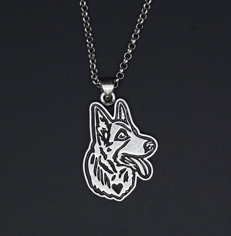 Vintage Silver German Shepherd Dog Tag Maxi Statement Necklace Chain Box Women Men Fashion