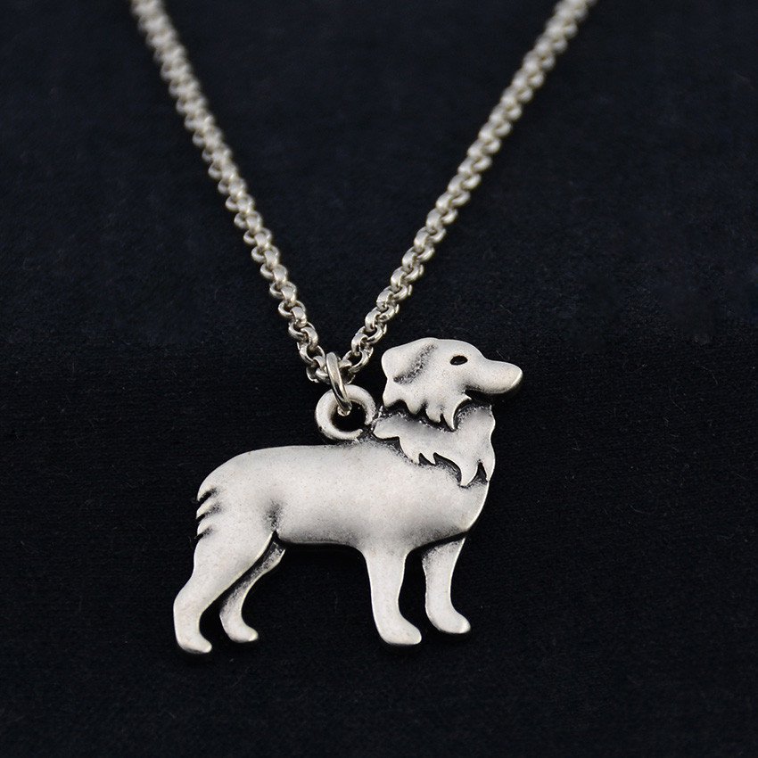 Vintage Silver Border Collier Dog Tag Maxi Statement Necklace Chain Box Women Men Fashion