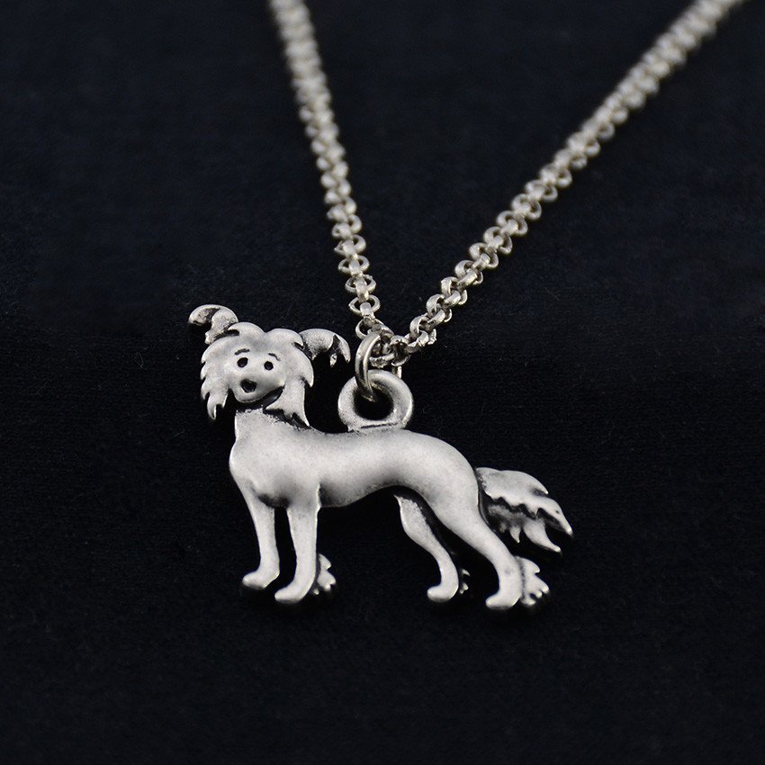 Vintage Silver Chinese Crested Dog Necklace Dog Necklace Chain Box Women Men Fashion