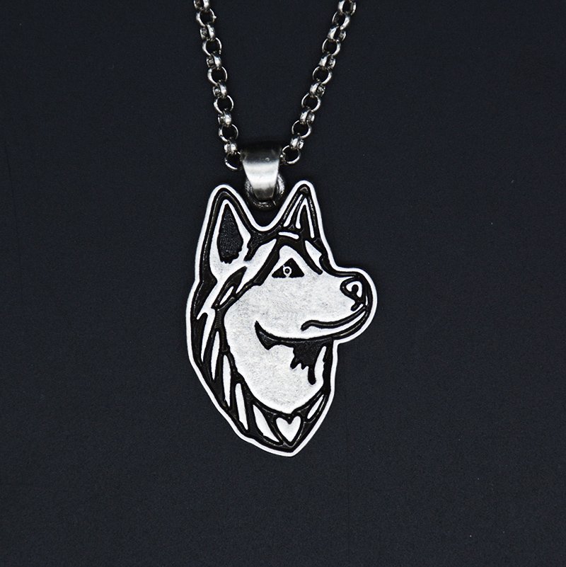 Vintage Silver Siberian Husky Dog Tag Maxi Statement Necklace Chain Box Women Men Fashion