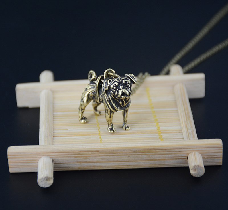 Vintage 3D Pug Dog Necklace Chain Box Women Men Fashion - Antique Bronze Color