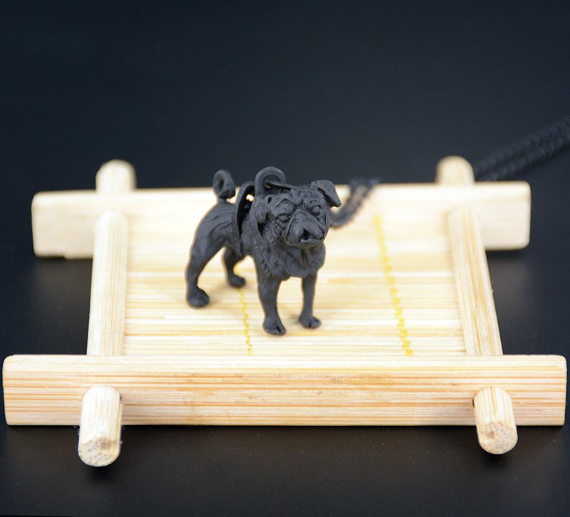 Vintage 3D Pug Dog Necklace Chain Box Women Men Fashion - Black Gun Color