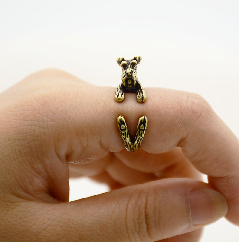 Vintage 3D Miniature Schnauzer Dog Pet Adjustable Wrap Ring Men Animal Dog Rings For Women - Bronze