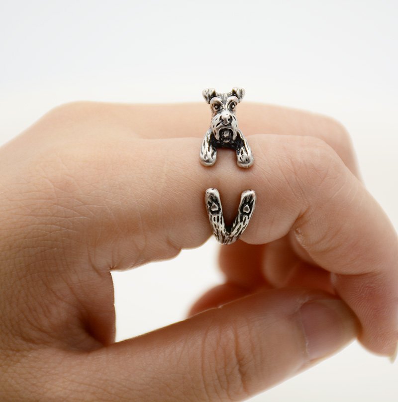 Vintage 3D Miniature Schnauzer Dog Pet Adjustable Wrap Ring Men Animal Dog Rings For Women - Silver