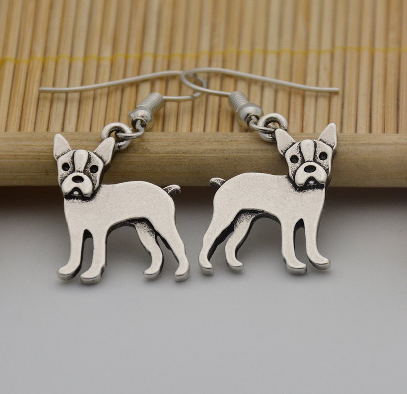 Puppy Dog Silver Boston Terrier Dog Drop Earrings Women Jewelry Dog Lover