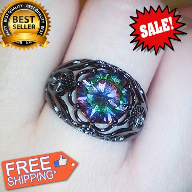 Tuker New Multi-color Opal Female Ring Round Zircon Black Gold Flower Jewelry