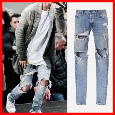 Men Kanye West Jeans Justin Bieber Skinny Fear Of God Distressed Style Zip Pants