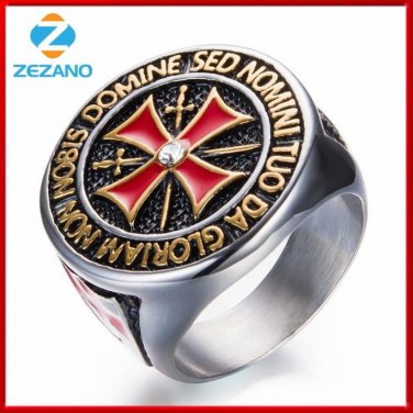 Stainless Steel Gold/Silver Iron Knights Templar Cross Ring Cubic Zirconia