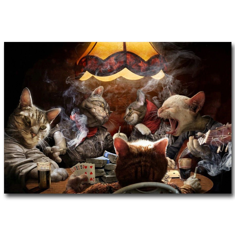 Cats Playing Poker Cards Funny Art Poster Print 32x24