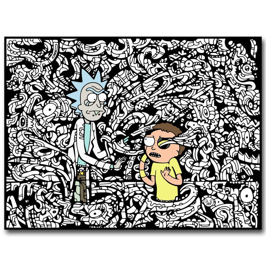 Rick And Morty Cartoon Anime Poster Trippy Black White 32x24