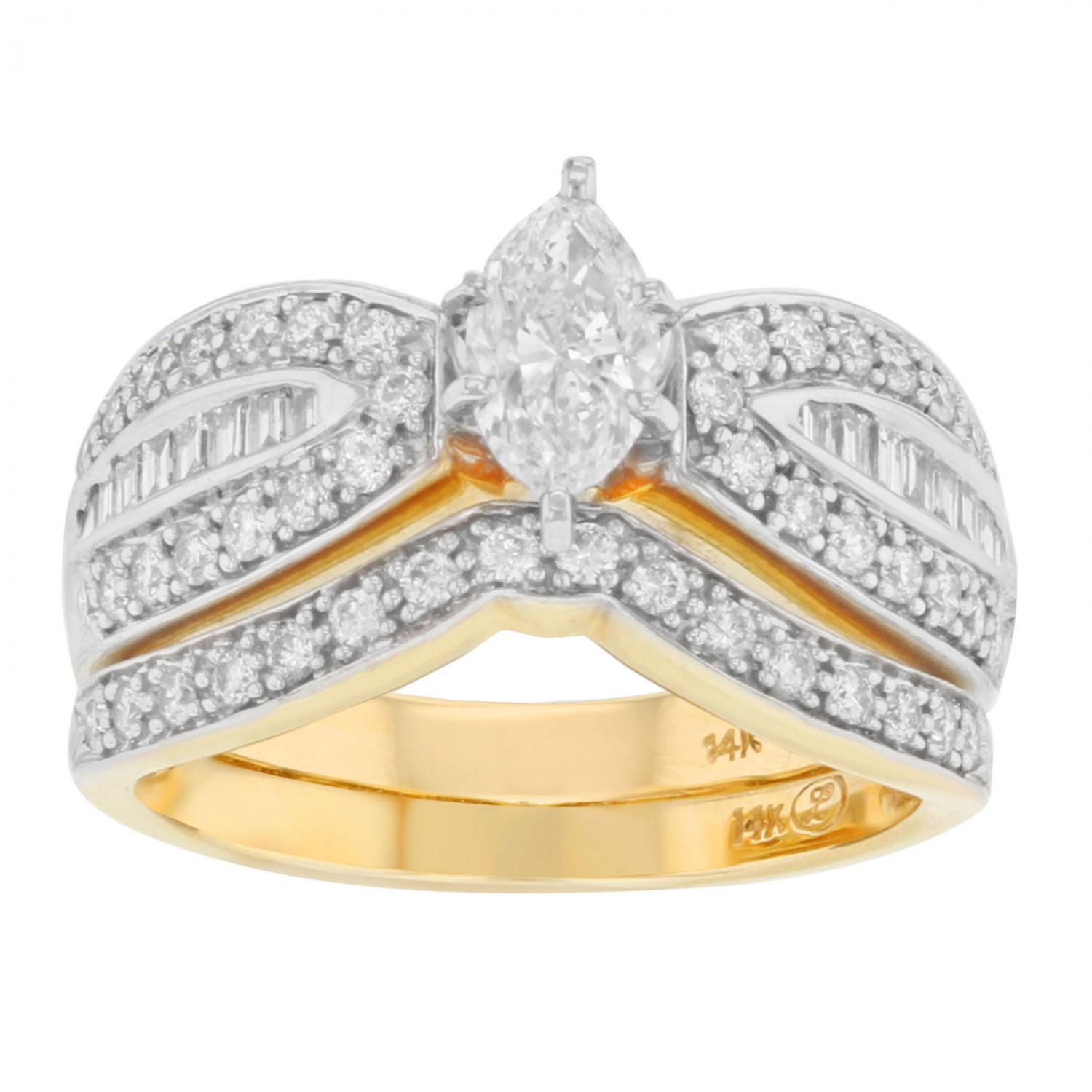 14K Yellow Gold Marquise Cut Diamond Accented Engagement