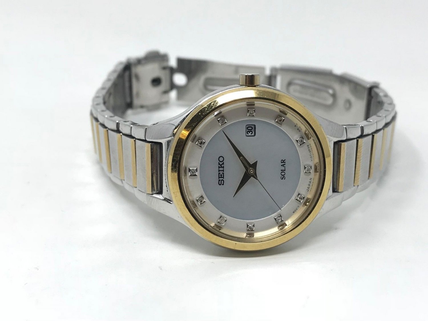 Seiko Solar Diamond Accent Two Tone Ladies Watch w/ Mother of Pearl ...