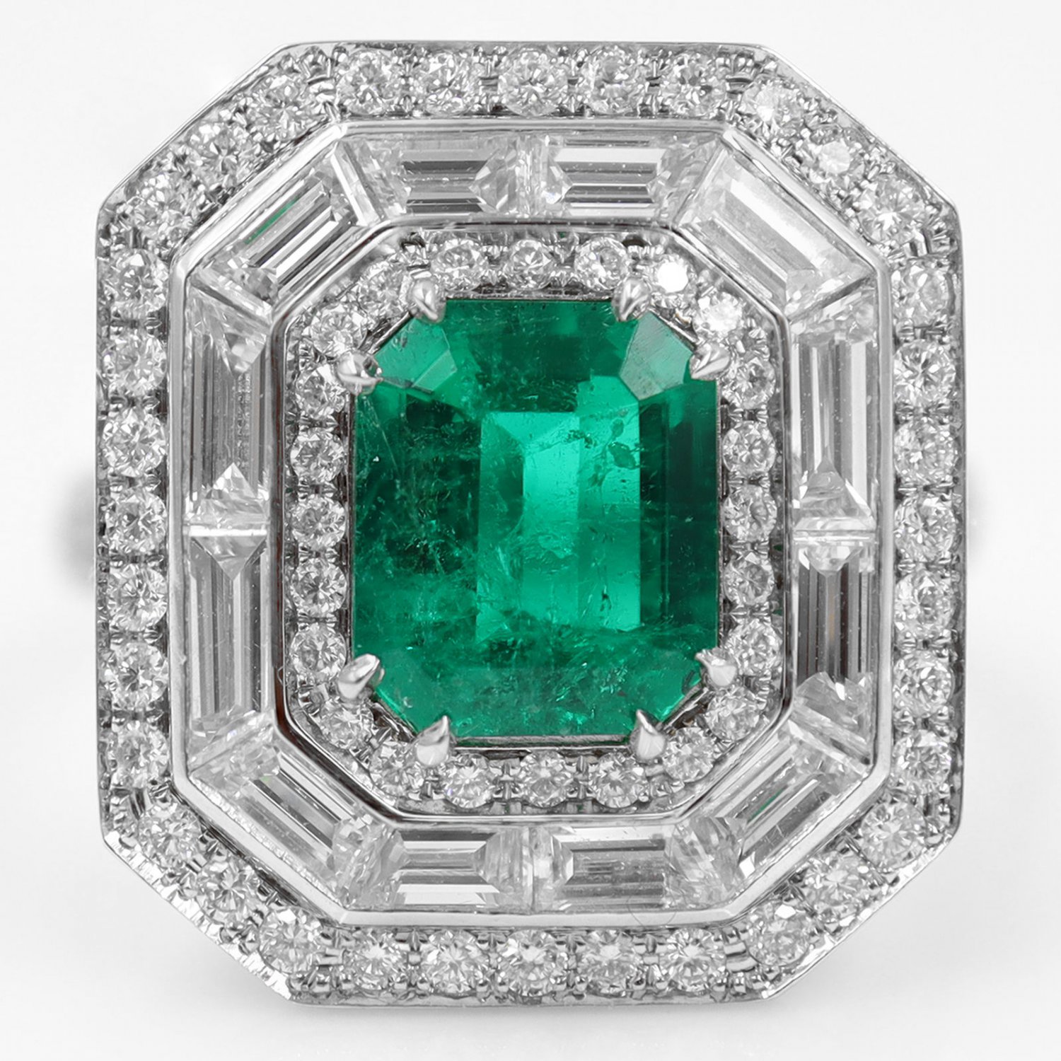 Handmade Natural Colombian Green Emerald Halo Diamond Ring Platinum SZ7