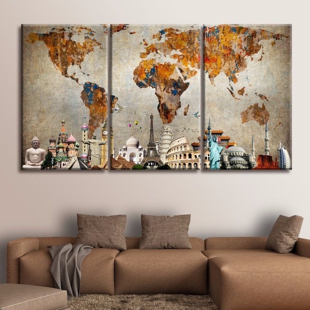 Large Framed Vintage World Map Rustic Canvas Print Wall Art Home 3 Piece