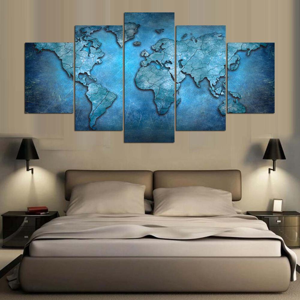 Large Framed World Map Blue Canvas Print Wall Art Home Decor Five Piece