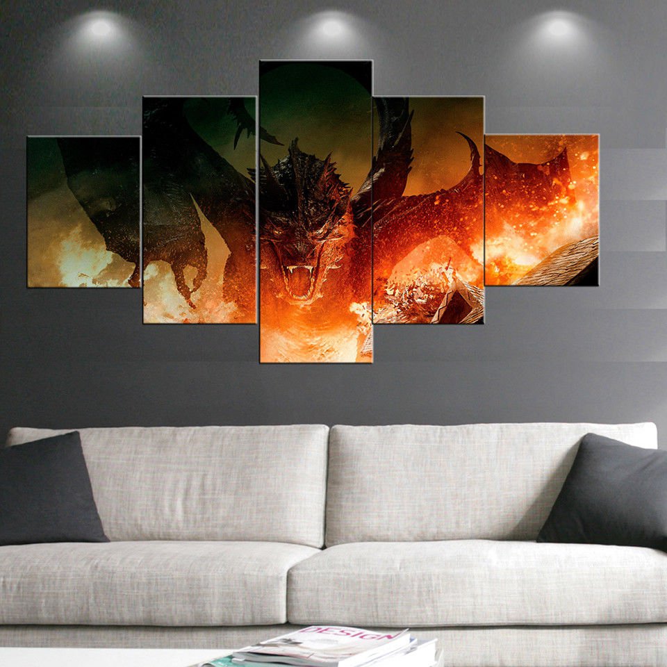 Large Framed Dragon Fire Hobbit Wall Art Print Home Decor 5 Piece