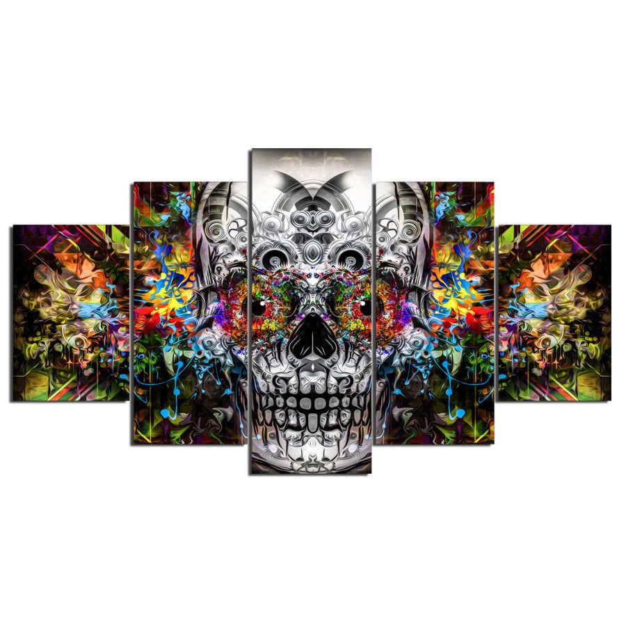 Large Framed Skull Mechanical Colorful Wall Canvas Art Home Decor Five ...